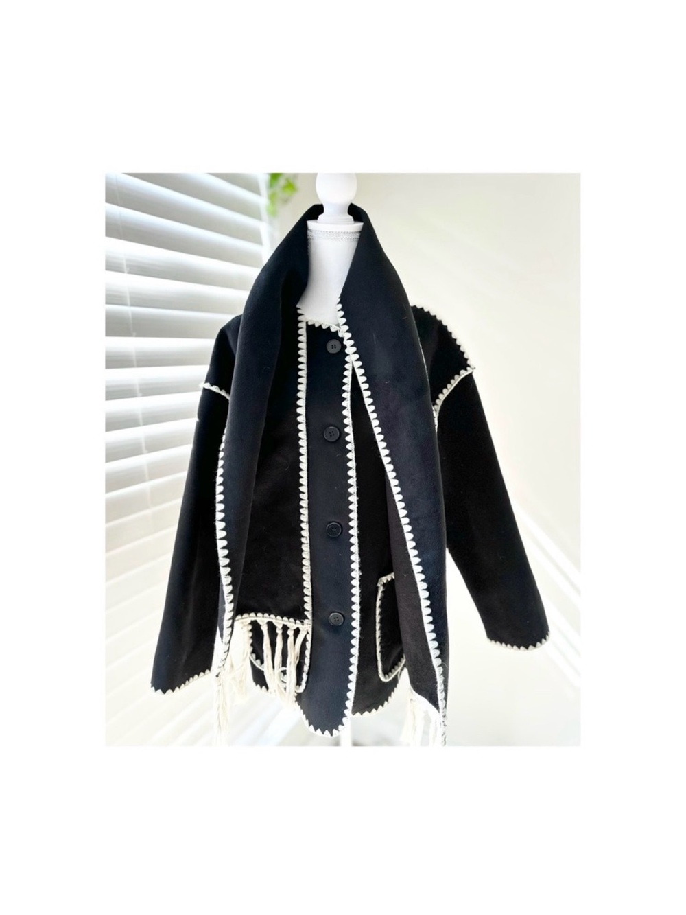 Commense Black Pea Coat with White Trim and Fringe - Picture 2 of 7